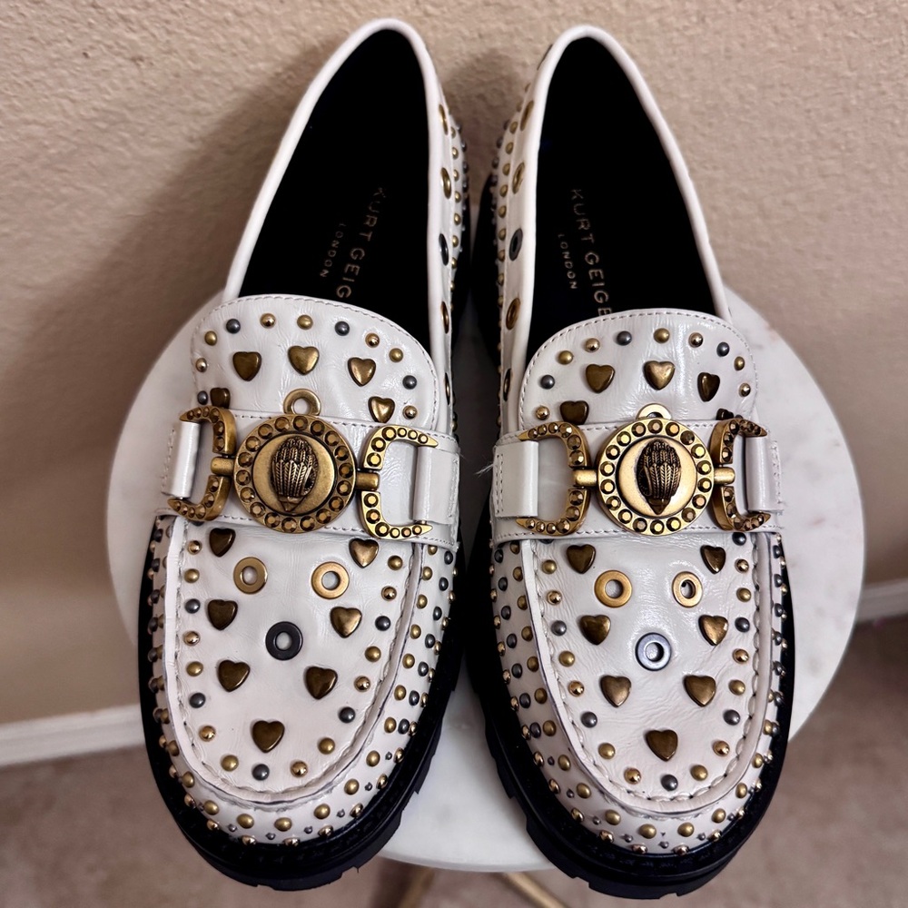 NEW Women KURT GEIGER Mansion Cream Gold Studs eagle leather Loafer EU40/US9 - Picture 3 of 10
